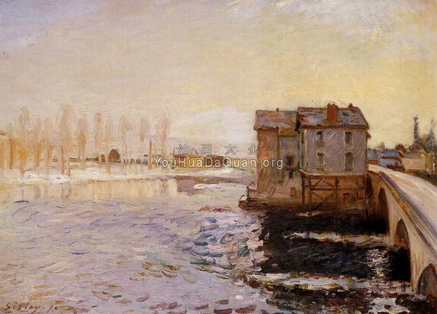 The Moret Bridge and Mills under Snow - 阿尔弗莱德·西斯莱